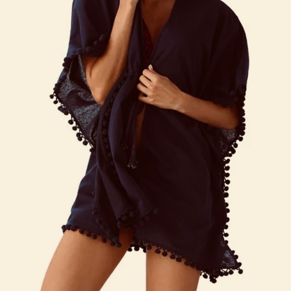 Tommy Bahama Linen Blend Jersey Pom Pom Tunic Kimono Swim Cover Black Size XS